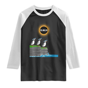Cute Cartoon Puffins 2026 Total Solar Eclipse Raglan Shirt August 12 Totality Funny Astronomy Gift TS02 Black White Print Your Wear