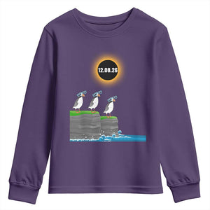 Cute Cartoon Puffins 2026 Total Solar Eclipse Youth Sweatshirt August 12 Totality Funny Astronomy Gift TS02 Purple Print Your Wear