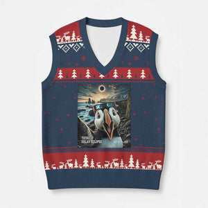 Puffin Selfie August 12 2026 Total Solar Eclipse V-Neck Knit Sweater Vest Funny Totality Photographic Astronomy Souvenir TS02 Navy Red Print Your Wear