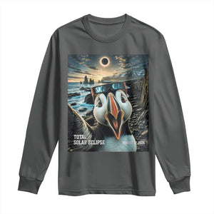 Puffin Selfie August 12 2026 Total Solar Eclipse Long Sleeve Shirt Funny Totality Photographic Astronomy Souvenir TS02 Dark Heather Print Your Wear