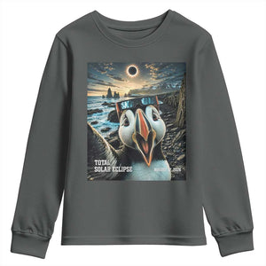 Puffin Selfie August 12 2026 Total Solar Eclipse Youth Sweatshirt Funny Totality Photographic Astronomy Souvenir TS02 Dark Heather Print Your Wear