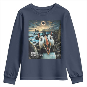Puffin Selfie August 12 2026 Total Solar Eclipse Youth Sweatshirt Funny Totality Photographic Astronomy Souvenir TS02 Navy Print Your Wear