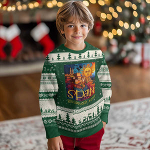 Spain 2026 Total Solar Eclipse Sun Face Graphic Ugly Christmas Sweater Espana Totality Travel Memorabilia Astronomy Geek Gift TS02 Forest Green Beige Print Your Wear
