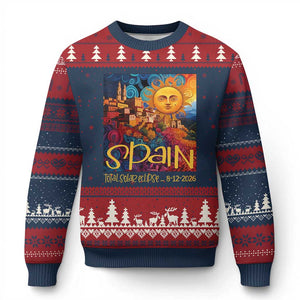 Spain 2026 Total Solar Eclipse Sun Face Graphic Ugly Christmas Sweater Espana Totality Travel Memorabilia Astronomy Geek Gift TS02 Navy Red Print Your Wear
