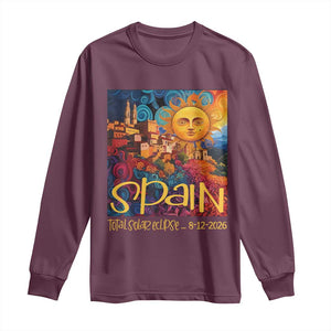 Spain 2026 Total Solar Eclipse Sun Face Graphic Long Sleeve Shirt Espana Totality Travel Memorabilia Astronomy Geek Gift TS02 Maroon Print Your Wear