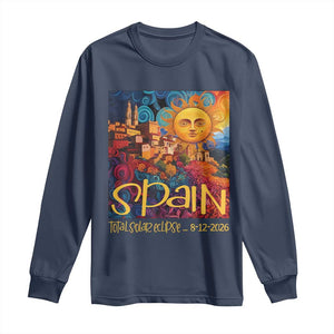 Spain 2026 Total Solar Eclipse Sun Face Graphic Long Sleeve Shirt Espana Totality Travel Memorabilia Astronomy Geek Gift TS02 Navy Print Your Wear