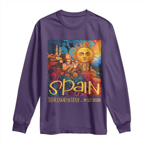 Spain 2026 Total Solar Eclipse Sun Face Graphic Long Sleeve Shirt Espana Totality Travel Memorabilia Astronomy Geek Gift TS02 Purple Print Your Wear