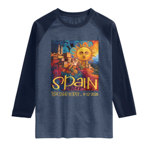 Spain 2026 Total Solar Eclipse Sun Face Graphic Raglan Shirt Espana Totality Travel Memorabilia Astronomy Geek Gift TS02 Heather Denim Navy Print Your Wear
