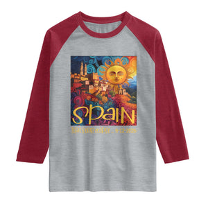 Spain 2026 Total Solar Eclipse Sun Face Graphic Raglan Shirt Espana Totality Travel Memorabilia Astronomy Geek Gift TS02 Heather Gray Heather Red Print Your Wear