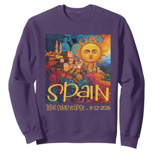 Spain 2026 Total Solar Eclipse Sun Face Graphic Sweatshirt Espana Totality Travel Memorabilia Astronomy Geek Gift TS02 Purple Print Your Wear