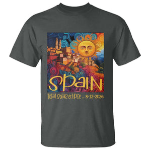 Spain 2026 Total Solar Eclipse Sun Face Graphic T Shirt Espana Totality Travel Memorabilia Astronomy Geek Gift TS02 Dark Heather Print Your Wear