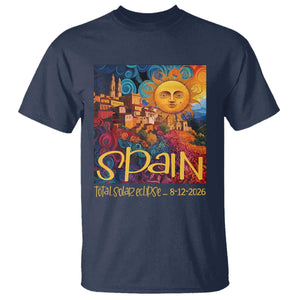 Spain 2026 Total Solar Eclipse Sun Face Graphic T Shirt Espana Totality Travel Memorabilia Astronomy Geek Gift TS02 Navy Print Your Wear