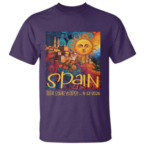 Spain 2026 Total Solar Eclipse Sun Face Graphic T Shirt Espana Totality Travel Memorabilia Astronomy Geek Gift TS02 Purple Print Your Wear