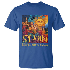 Spain 2026 Total Solar Eclipse Sun Face Graphic T Shirt Espana Totality Travel Memorabilia Astronomy Geek Gift TS02 Royal Blue Print Your Wear