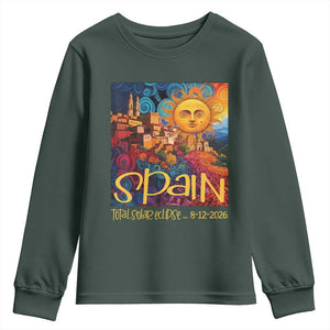 Spain 2026 Total Solar Eclipse Sun Face Graphic Youth Sweatshirt Espana Totality Travel Memorabilia Astronomy Geek Gift TS02 Dark Forest Green Print Your Wear