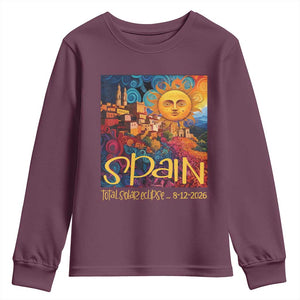 Spain 2026 Total Solar Eclipse Sun Face Graphic Youth Sweatshirt Espana Totality Travel Memorabilia Astronomy Geek Gift TS02 Maroon Print Your Wear