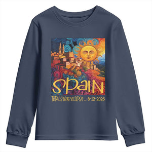 Spain 2026 Total Solar Eclipse Sun Face Graphic Youth Sweatshirt Espana Totality Travel Memorabilia Astronomy Geek Gift TS02 Navy Print Your Wear