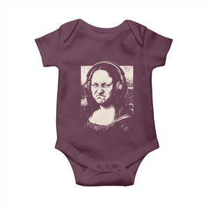 Funny Mona Lisa Wearing Headphones Bass Face Meme Baby Onesie Funny Classical Fine Art Parody Music Producer Graphic TS02 Maroon Print Your Wear