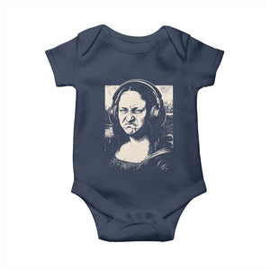 Funny Mona Lisa Wearing Headphones Bass Face Meme Baby Onesie Funny Classical Fine Art Parody Music Producer Graphic TS02 Navy Print Your Wear