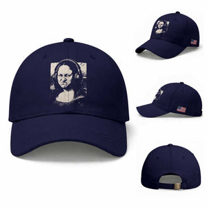 Funny Mona Lisa Wearing Headphones Bass Face Meme Baseball Cap Funny Classical Fine Art Parody Music Producer Graphic TS02 Baseball Cap Universal Fit Dark Blue Print Your Wear