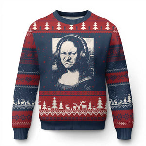 Funny Mona Lisa Wearing Headphones Bass Face Meme Ugly Christmas Sweater Funny Classical Fine Art Parody Music Producer Graphic TS02 Navy Red Print Your Wear