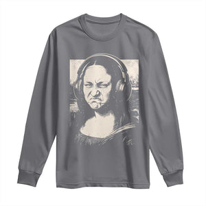 Funny Mona Lisa Wearing Headphones Bass Face Meme Long Sleeve Shirt Funny Classical Fine Art Parody Music Producer Graphic TS02 Charcoal Print Your Wear