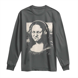 Funny Mona Lisa Wearing Headphones Bass Face Meme Long Sleeve Shirt Funny Classical Fine Art Parody Music Producer Graphic TS02 Dark Heather Print Your Wear