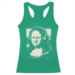 Funny Mona Lisa Wearing Headphones Bass Face Meme Racerback Tank Top Funny Classical Fine Art Parody Music Producer Graphic TS02 Irish Green Print Your Wear