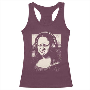 Funny Mona Lisa Wearing Headphones Bass Face Meme Racerback Tank Top Funny Classical Fine Art Parody Music Producer Graphic TS02 Maroon Print Your Wear