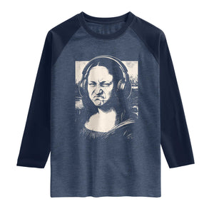 Funny Mona Lisa Wearing Headphones Bass Face Meme Raglan Shirt Funny Classical Fine Art Parody Music Producer Graphic TS02 Heather Denim Navy Print Your Wear