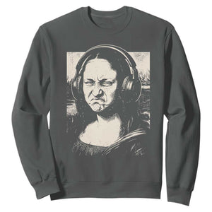 Funny Mona Lisa Wearing Headphones Bass Face Meme Sweatshirt Funny Classical Fine Art Parody Music Producer Graphic TS02 Dark Heather Print Your Wear