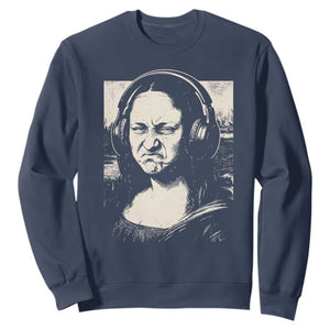 Funny Mona Lisa Wearing Headphones Bass Face Meme Sweatshirt Funny Classical Fine Art Parody Music Producer Graphic TS02 Navy Print Your Wear
