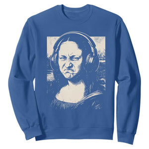 Funny Mona Lisa Wearing Headphones Bass Face Meme Sweatshirt Funny Classical Fine Art Parody Music Producer Graphic TS02 Royal Blue Print Your Wear