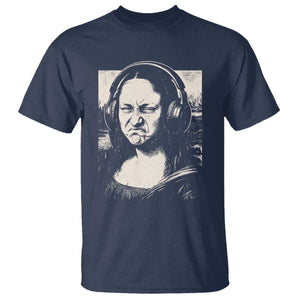 Funny Mona Lisa Wearing Headphones Bass Face Meme T Shirt Funny Classical Fine Art Parody Music Producer Graphic TS02 Navy Print Your Wear