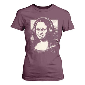 Funny Mona Lisa Wearing Headphones Bass Face Meme T Shirt For Women Funny Classical Fine Art Parody Music Producer Graphic TS02 Maroon Print Your Wear