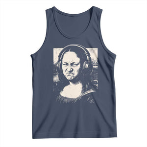 Funny Mona Lisa Wearing Headphones Bass Face Meme Tank Top Funny Classical Fine Art Parody Music Producer Graphic TS02 Navy Print Your Wear