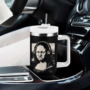 Funny Mona Lisa Wearing Headphones Bass Face Meme Tumbler With Handle Funny Classical Fine Art Parody Music Producer Graphic TS02 Print Your Wear