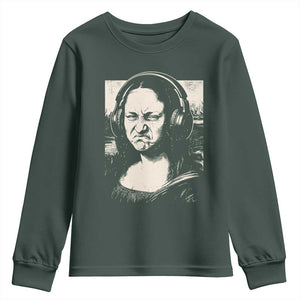 Funny Mona Lisa Wearing Headphones Bass Face Meme Youth Sweatshirt Funny Classical Fine Art Parody Music Producer Graphic TS02 Dark Forest Green Print Your Wear