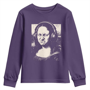 Funny Mona Lisa Wearing Headphones Bass Face Meme Youth Sweatshirt Funny Classical Fine Art Parody Music Producer Graphic TS02 Purple Print Your Wear