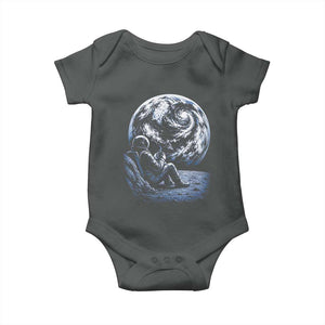 Astronaut Drinking Coffee On The Moon Graphic Baby Onesie Vintage Sci Fi Earth Horizon Space Explorer TS02 Dark Heather Print Your Wear