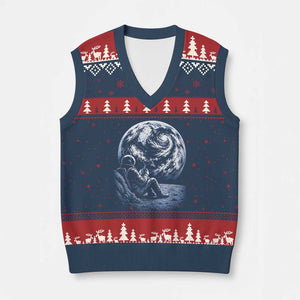 Astronaut Drinking Coffee On The Moon Graphic V-Neck Knit Sweater Vest Vintage Sci Fi Earth Horizon Space Explorer TS02 Navy Red Print Your Wear