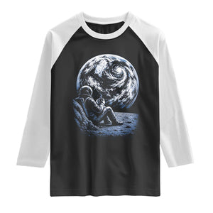 Astronaut Drinking Coffee On The Moon Graphic Raglan Shirt Vintage Sci Fi Earth Horizon Space Explorer TS02 Black White Print Your Wear