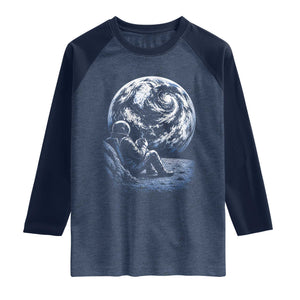 Astronaut Drinking Coffee On The Moon Graphic Raglan Shirt Vintage Sci Fi Earth Horizon Space Explorer TS02 Heather Denim Navy Print Your Wear