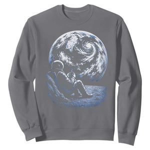 Astronaut Drinking Coffee On The Moon Graphic Sweatshirt Vintage Sci Fi Earth Horizon Space Explorer TS02 Charcoal Print Your Wear