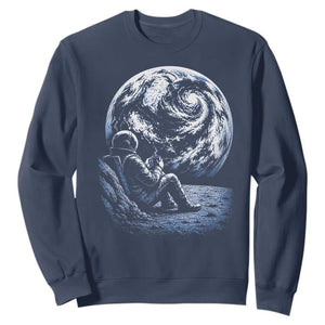 Astronaut Drinking Coffee On The Moon Graphic Sweatshirt Vintage Sci Fi Earth Horizon Space Explorer TS02 Navy Print Your Wear