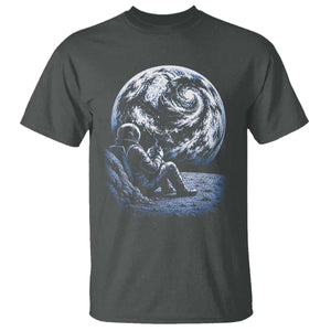 Astronaut Drinking Coffee On The Moon Graphic T Shirt Vintage Sci Fi Earth Horizon Space Explorer TS02 Dark Heather Print Your Wear