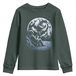 Astronaut Drinking Coffee On The Moon Graphic Youth Sweatshirt Vintage Sci Fi Earth Horizon Space Explorer TS02 Dark Forest Green Print Your Wear