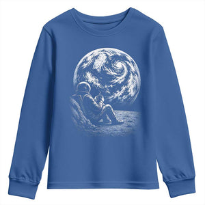 Astronaut Drinking Coffee On The Moon Graphic Youth Sweatshirt Vintage Sci Fi Earth Horizon Space Explorer TS02 Royal Blue Print Your Wear