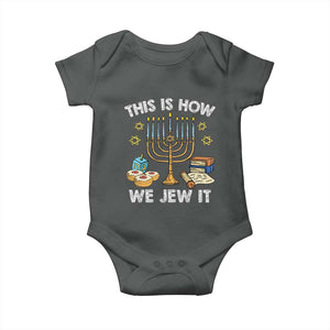 Funny Jewish Hanukkah Baby Onesie This How We Jew It Menorah Chanukah TS02 Dark Heather Print Your Wear