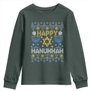 Happy Hanukkah Youth Sweatshirt Jewish Festival of Lights Hanukkiah Menorah Ugly Chanukah TS02 Dark Forest Green Print Your Wear